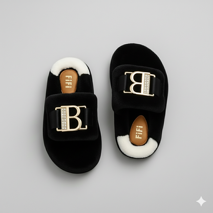 Women’s Cozy Plush Slippers – Luxe Comfort With Elegant Buckle Detail