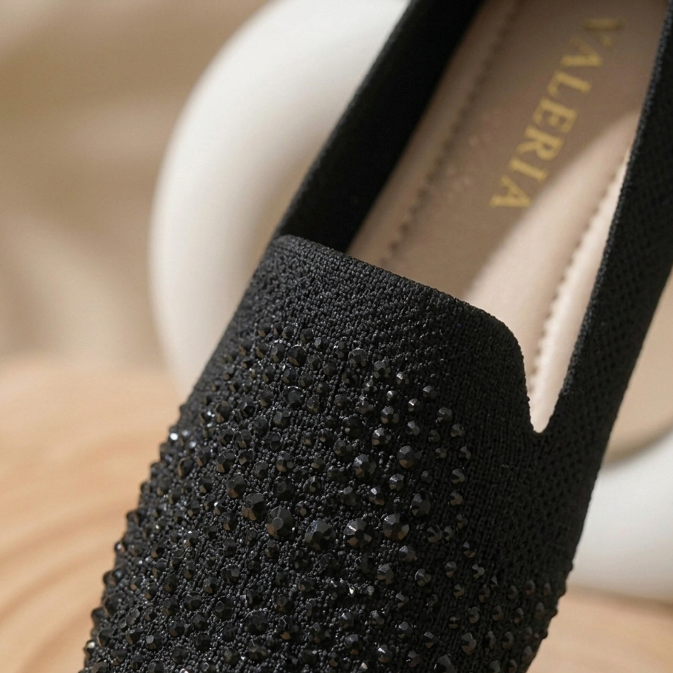 Women’s Rhinestone Slip-On Ballet Flats – Comfortable Knit Loafers for Casual & Party Wear