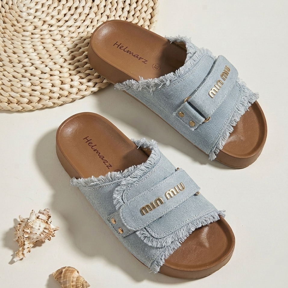 Women’s Denim Slide Sandals – Adjustable Comfort & Everyday Style