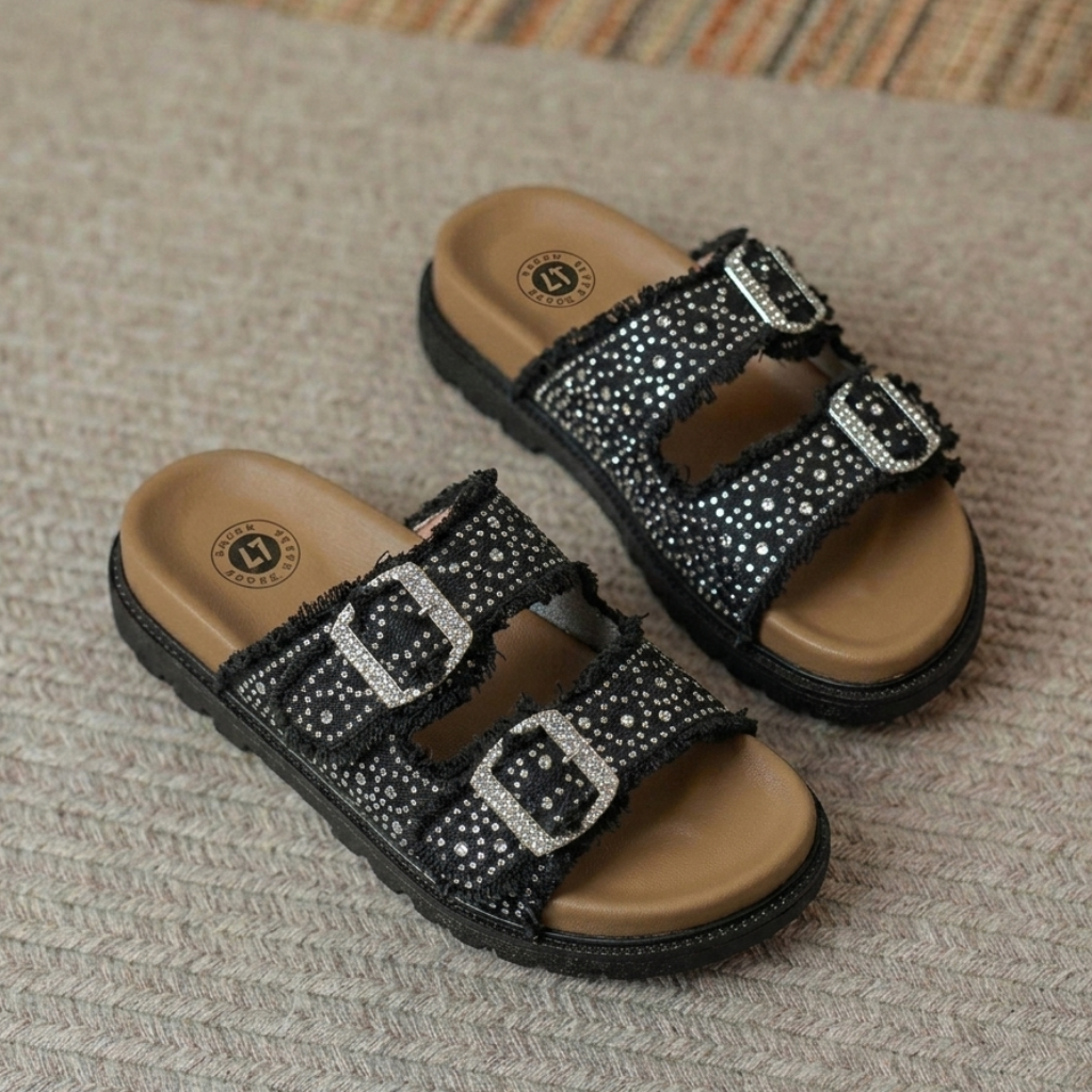 Women’s Rhinestone Denim Double-Buckle Slides – Stylish Comfort Sandals
