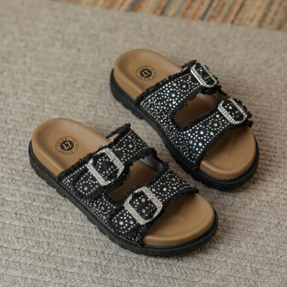 Women’s Rhinestone Denim Double-Buckle Slides – Stylish Comfort Sandals