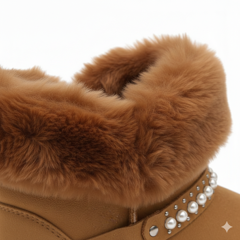 Women’s Cozy Fur Ankle Boots with Pearl Detail – Warm Winter Comfort