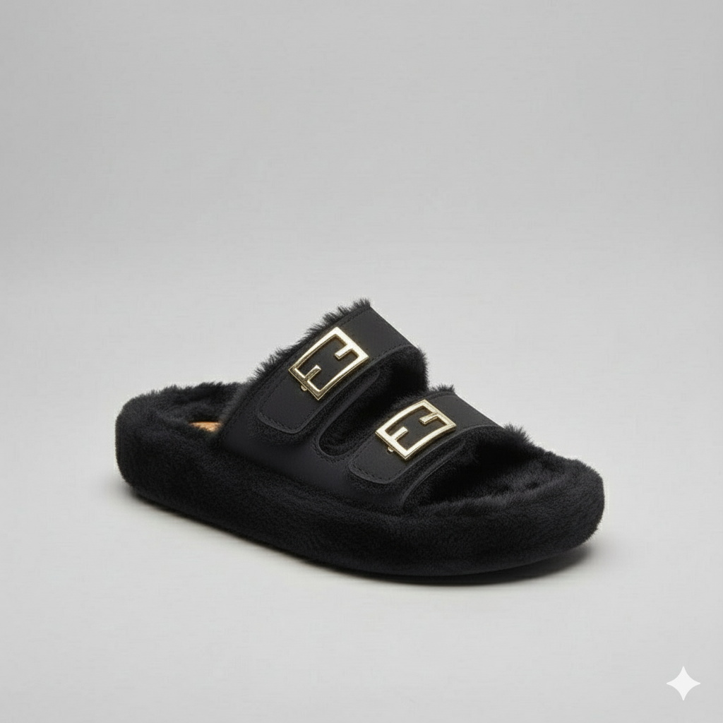 أحذية منزلية فاخرة من الفرو الصناعي ذات رباطين مريحين مع إبزيمات ذهبية اللون.