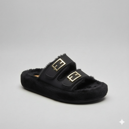 أحذية منزلية فاخرة من الفرو الصناعي ذات رباطين مريحين مع إبزيمات ذهبية اللون.