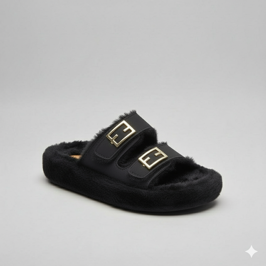 Luxurious Faux Fur Two-Strap Comfort Slippers with Gold-Tone Buckles