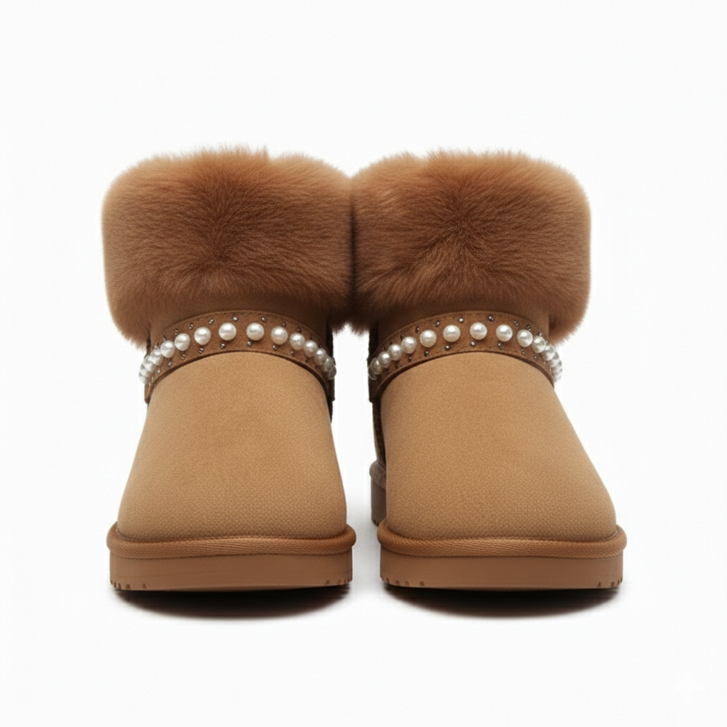 Women’s Cozy Fur Ankle Boots with Pearl Detail – Warm Winter Comfort