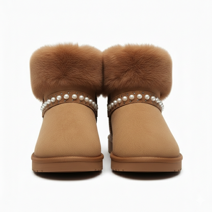 Women’s Cozy Fur Ankle Boots with Pearl Detail – Warm Winter Comfort