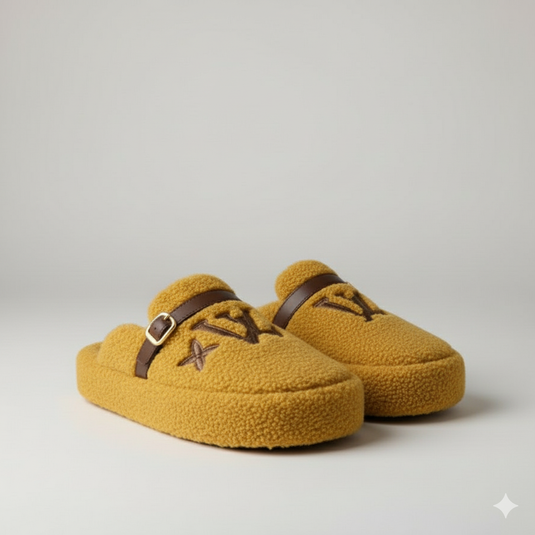 Teddy-fleece clog slippers: warm toes, stay-put buckle