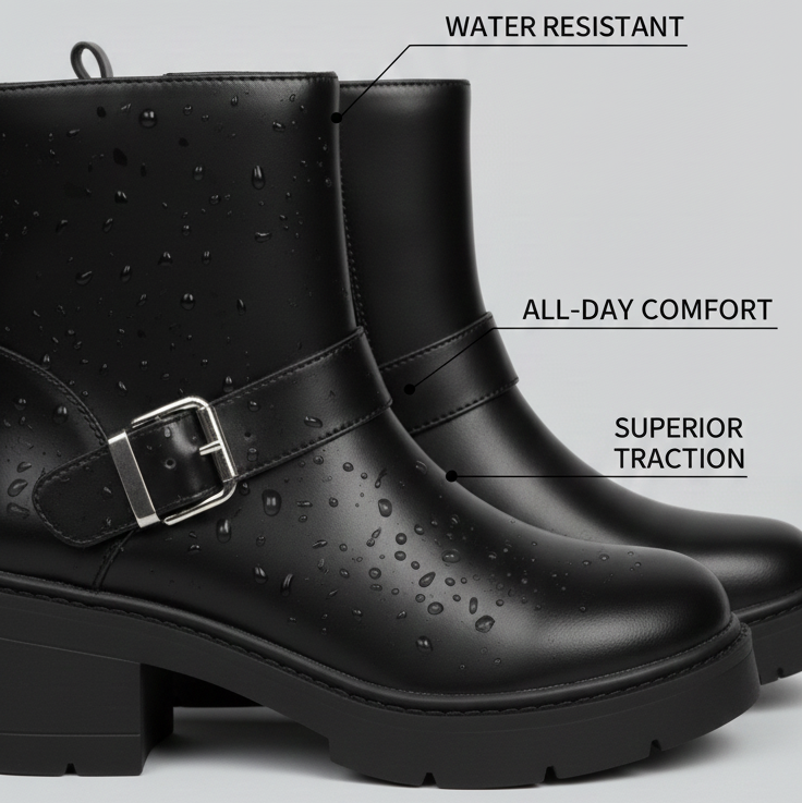 Women’s Ankle Boots with Block Heel – Fashion Buckle Design, Comfortable Slip-On, Non-Slip Sole, Casual & Office Heeled Boots