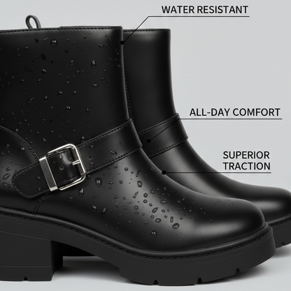 Women’s Ankle Boots with Block Heel – Fashion Buckle Design, Comfortable Slip-On, Non-Slip Sole, Casual & Office Heeled Boots