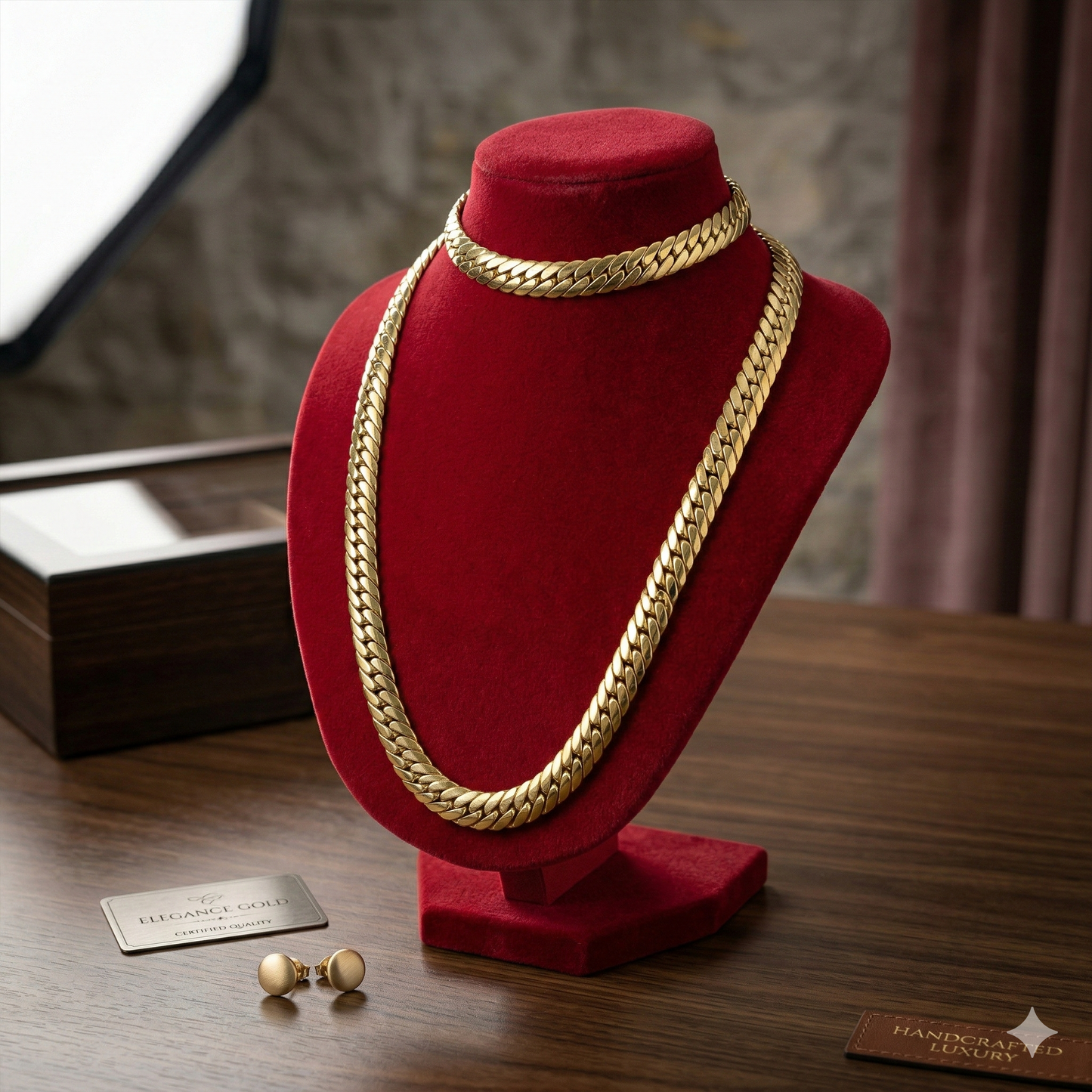 Luxury Gold-Look Cuban Link Chain Set – 2 Pieces – Rust-Resistant & Durable