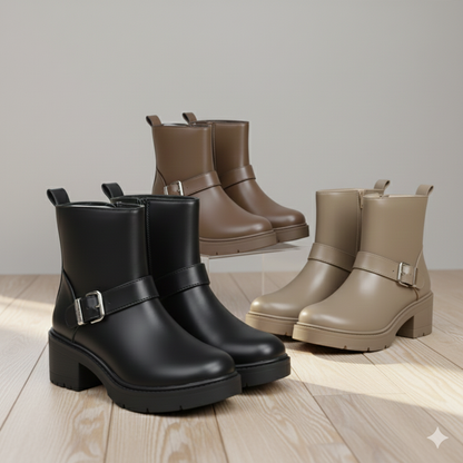 Women’s Ankle Boots with Block Heel – Fashion Buckle Design, Comfortable Slip-On, Non-Slip Sole, Casual & Office Heeled Boots