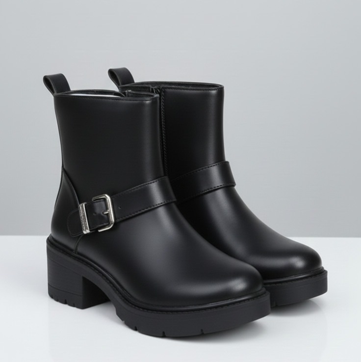 Women’s Ankle Boots with Block Heel – Fashion Buckle Design, Comfortable Slip-On, Non-Slip Sole, Casual & Office Heeled Boots