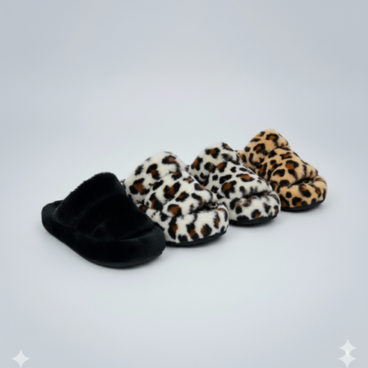 Pantoufles à bout ouvert en fausse fourrure pour femmes (Léopard et noir) 