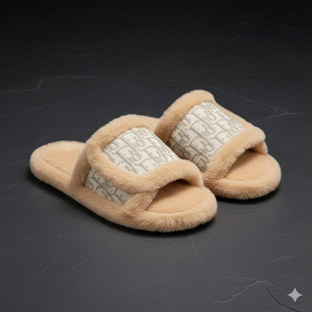 نعال فروية فاخرة بنقشة راقية - نعال منزلية شتوية ناعمة للنساء 