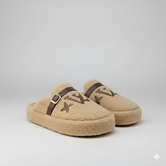 Teddy-fleece clog slippers: warm toes, stay-put buckle