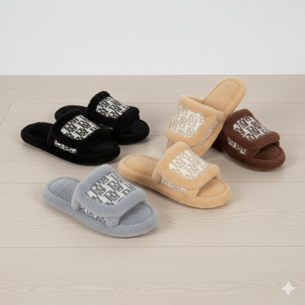 نعال فروية فاخرة بنقشة راقية - نعال منزلية شتوية ناعمة للنساء 