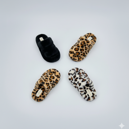 نعل نسائي مفتوح من الأمام من الفرو الصناعي (نقشة جلد النمر والأسود) 