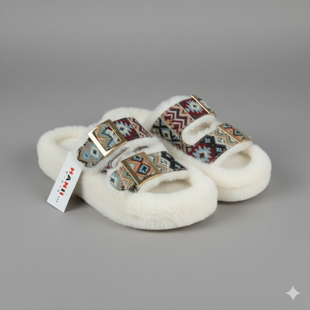 نعال نسائية من الفرو الصناعي بإبزيم مزدوج - دفء عند الأصابع