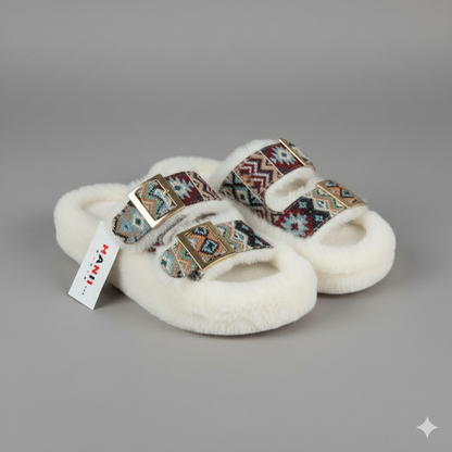 نعال نسائية من الفرو الصناعي بإبزيم مزدوج - دفء عند الأصابع