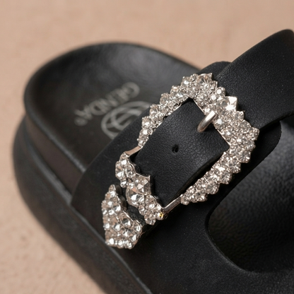 Women’s Rhinestone Double-Buckle Platform Slide Sandals – Fashion Comfort Slip-Ons