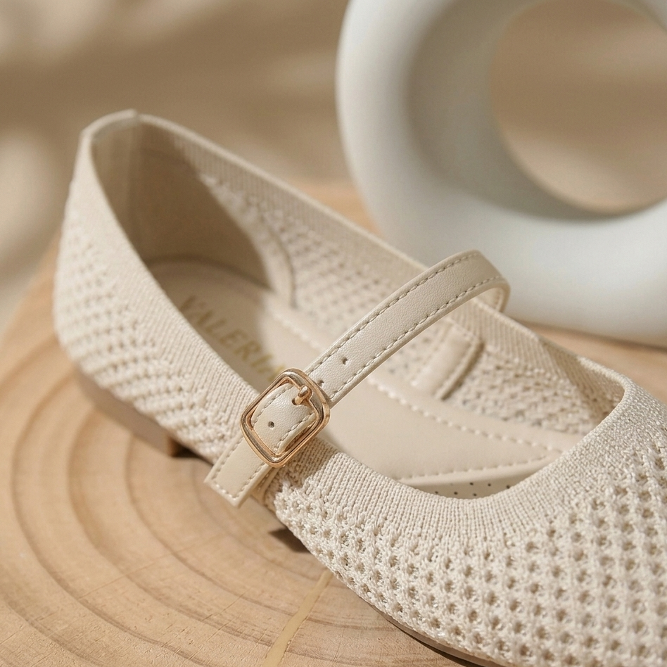 Women’s Breathable Knit Mary Jane Flats with Adjustable Strap – Casual Comfort Shoes