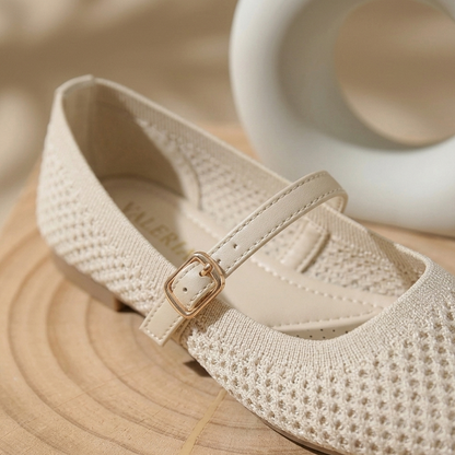 Women’s Breathable Knit Mary Jane Flats with Adjustable Strap – Casual Comfort Shoes
