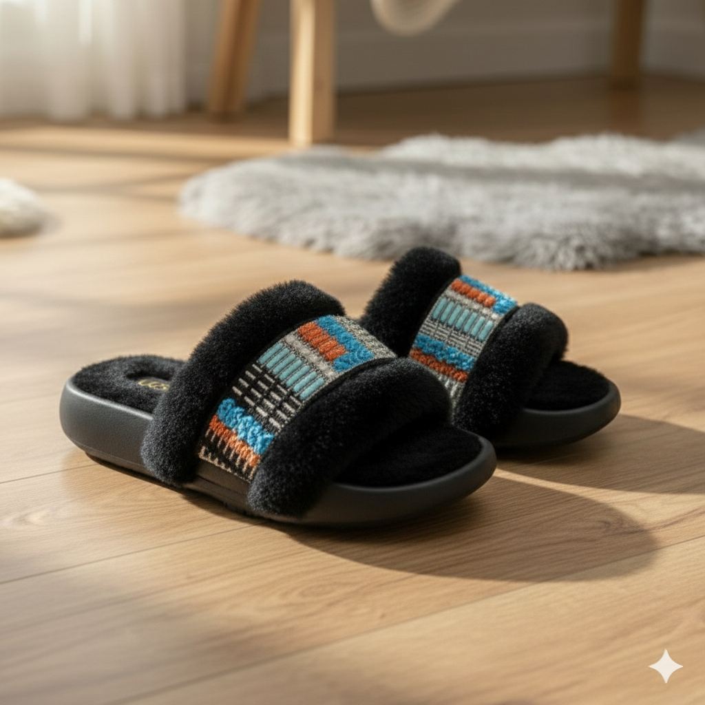 Pantoufles d'hiver pour femmes, douces et moelleuses, à bride perlée, sandales plates chaudes