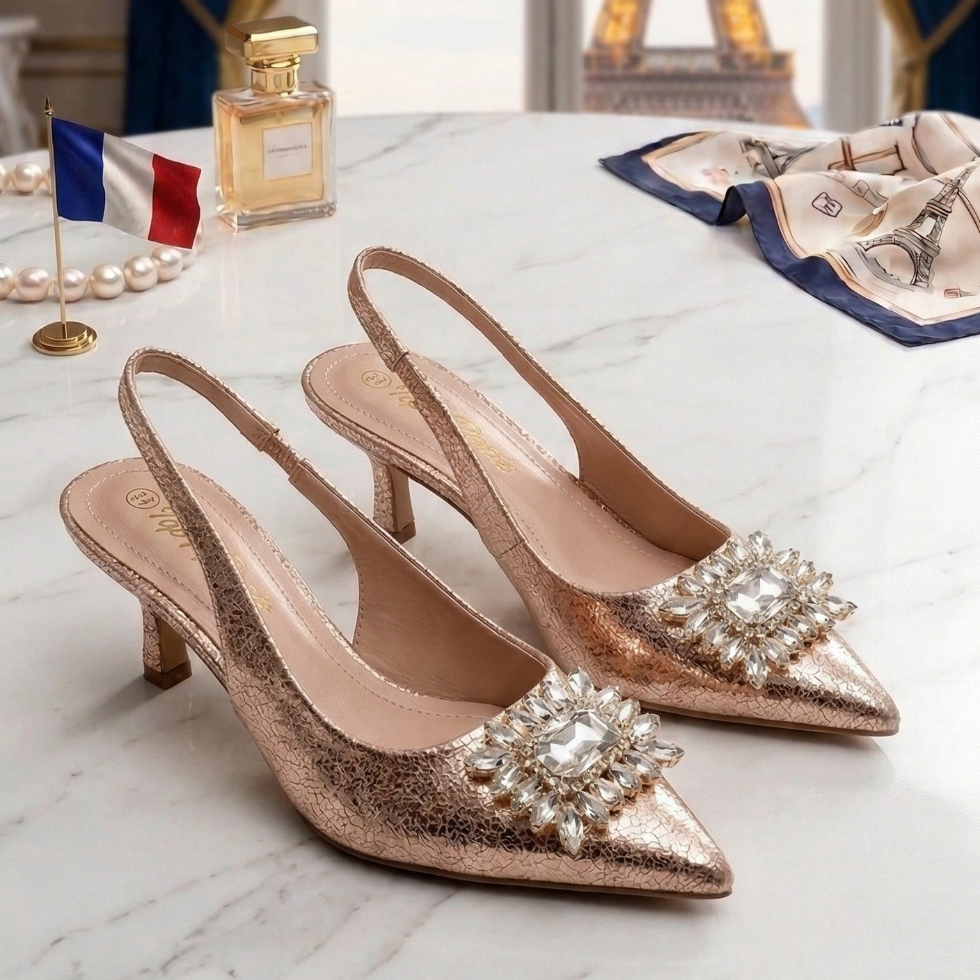 Escarpins à bride arrière élégants ornés de cristaux pour femmes – Fabriqués en France