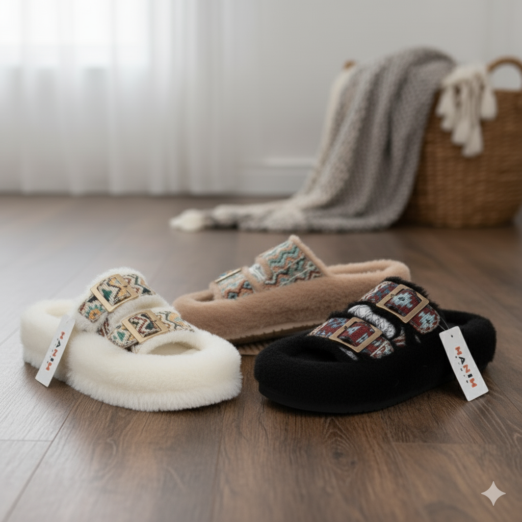نعال نسائية من الفرو الصناعي بإبزيم مزدوج - دفء عند الأصابع
