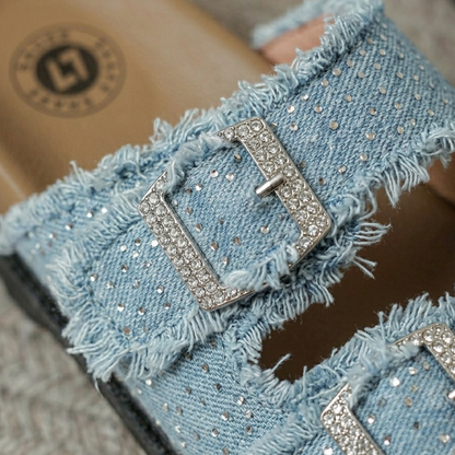 Women’s Rhinestone Denim Double-Buckle Slides – Stylish Comfort Sandals