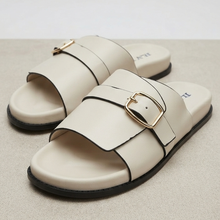 Elegant Women's Flat Slide Sandals with Gold Buckle – Soft Comfort Summer Shoes ✨