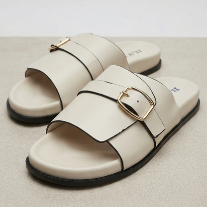 Elegant Women's Flat Slide Sandals with Gold Buckle – Soft Comfort Summer Shoes ✨
