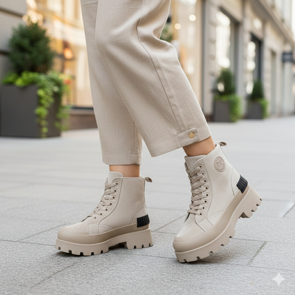Women’s Chunky Lace-Up Ankle Boots – Platform Sole (Black & Beige)