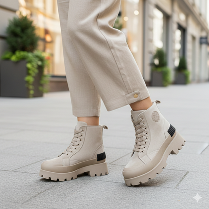 Women’s Chunky Lace-Up Ankle Boots – Platform Sole (Black & Beige)