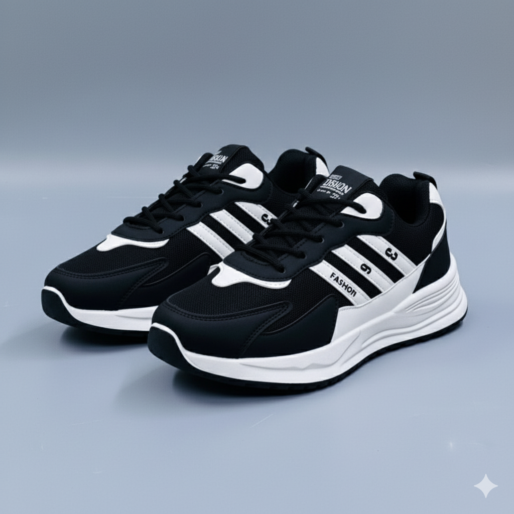 "Dynamic Streetwear Kicks – Black, Navy, and Gold Edition"