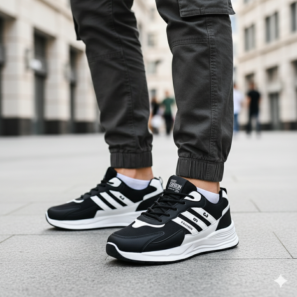 "Dynamic Streetwear Kicks – Black, Navy, and Gold Edition"