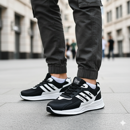 "Dynamic Streetwear Kicks – Black, Navy, and Gold Edition"