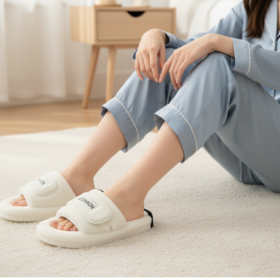 أحذية منزلية نسائية ناعمة مع أشرطة - دافئة، ومريحة مع أشرطة عريضة