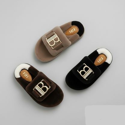 Women’s Cozy Plush Slippers – Luxe Comfort With Elegant Buckle Detail