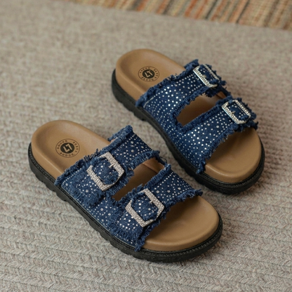 Women’s Rhinestone Denim Double-Buckle Slides – Stylish Comfort Sandals