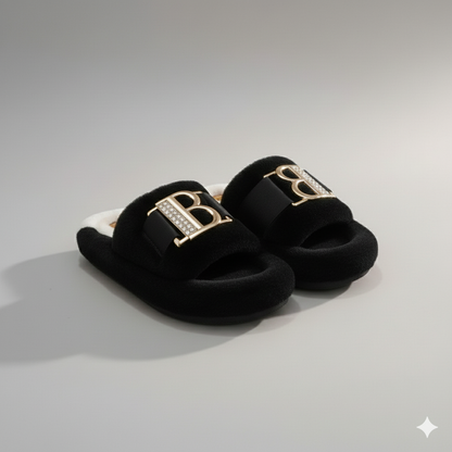 Women’s Cozy Plush Slippers – Luxe Comfort With Elegant Buckle Detail