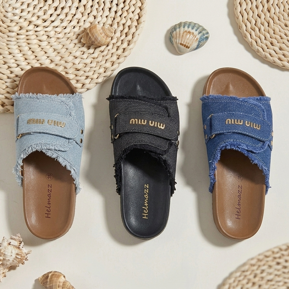 Women’s Denim Slide Sandals – Adjustable Comfort & Everyday Style