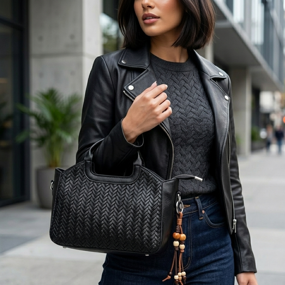 Elegant Woven Leather Handbag – Chic Top Handle Crossbody Bag for Women