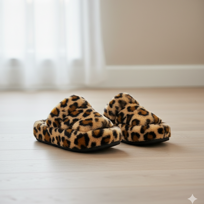 نعل نسائي مفتوح من الأمام من الفرو الصناعي (نقشة جلد النمر والأسود) 