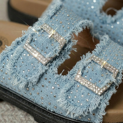 Women’s Rhinestone Denim Double-Buckle Slides – Stylish Comfort Sandals