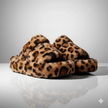 Women's Faux-Fur Open-Toe  Slippers (Leopard & Black)