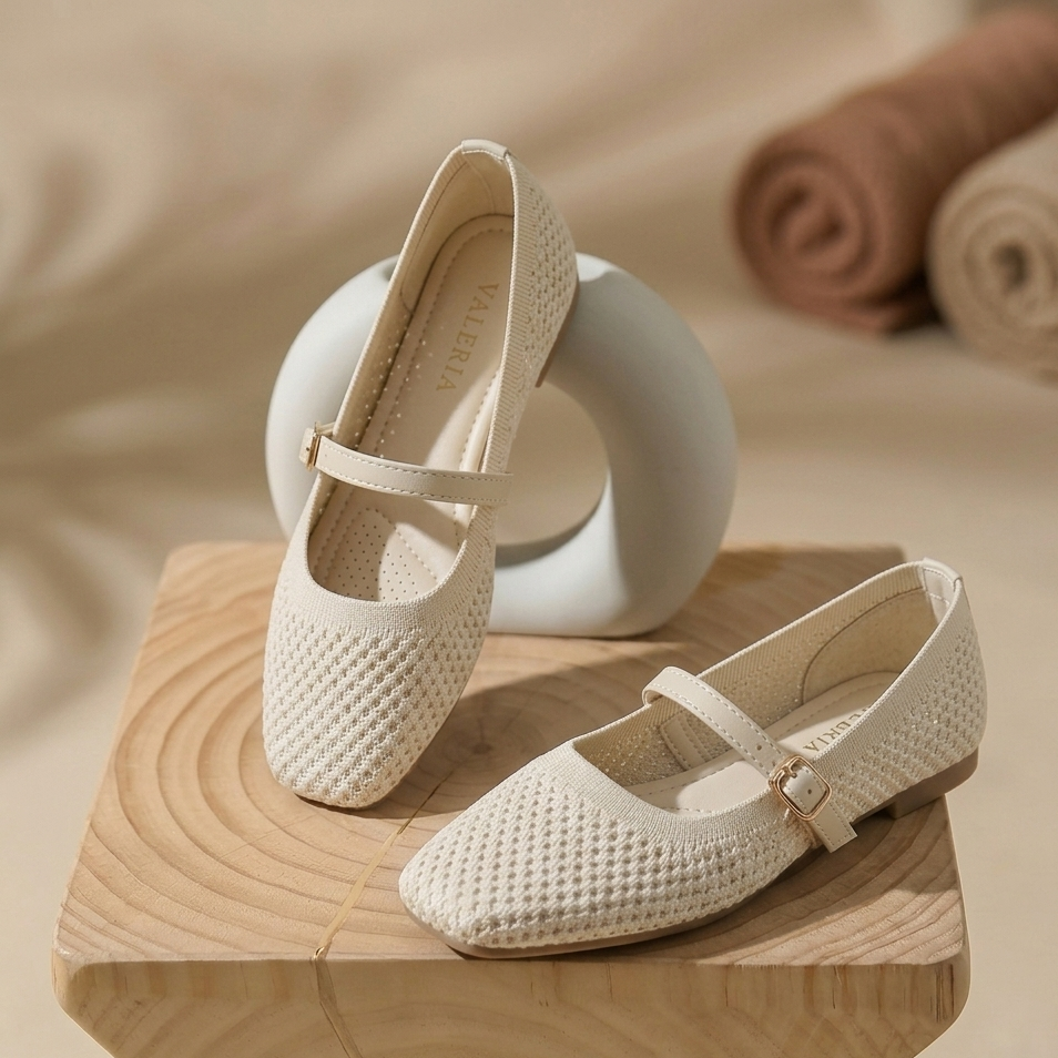 Women’s Breathable Knit Mary Jane Flats with Adjustable Strap – Casual Comfort Shoes