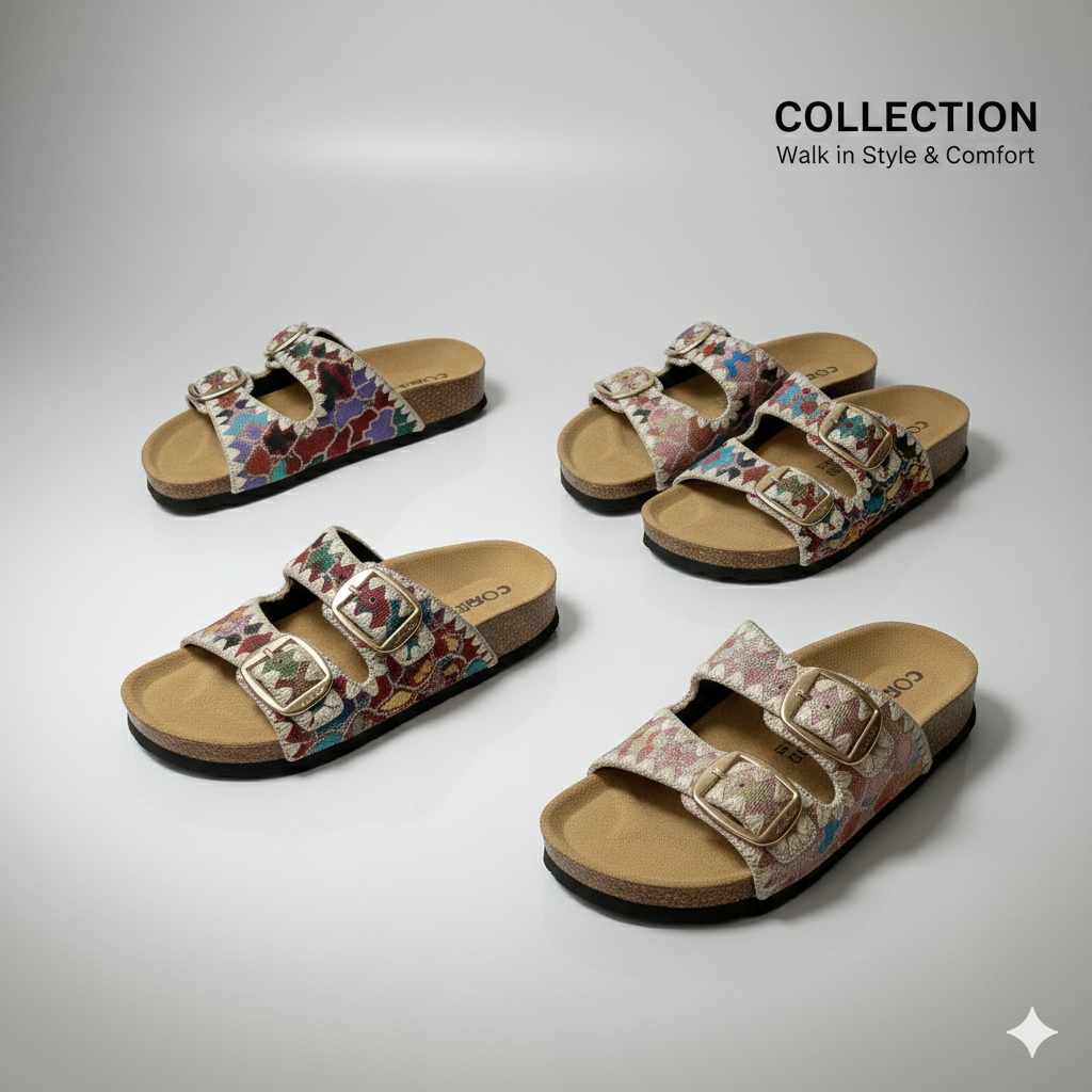 Women’s Boho Chic Double-Buckle Cork Slide Sandals