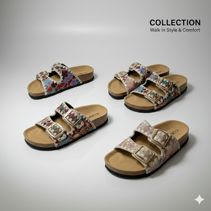 Women’s Boho Chic Double-Buckle Cork Slide Sandals